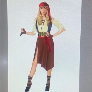 Women’s Rogue Pirate Red and Cream Costume with Gold Buckle